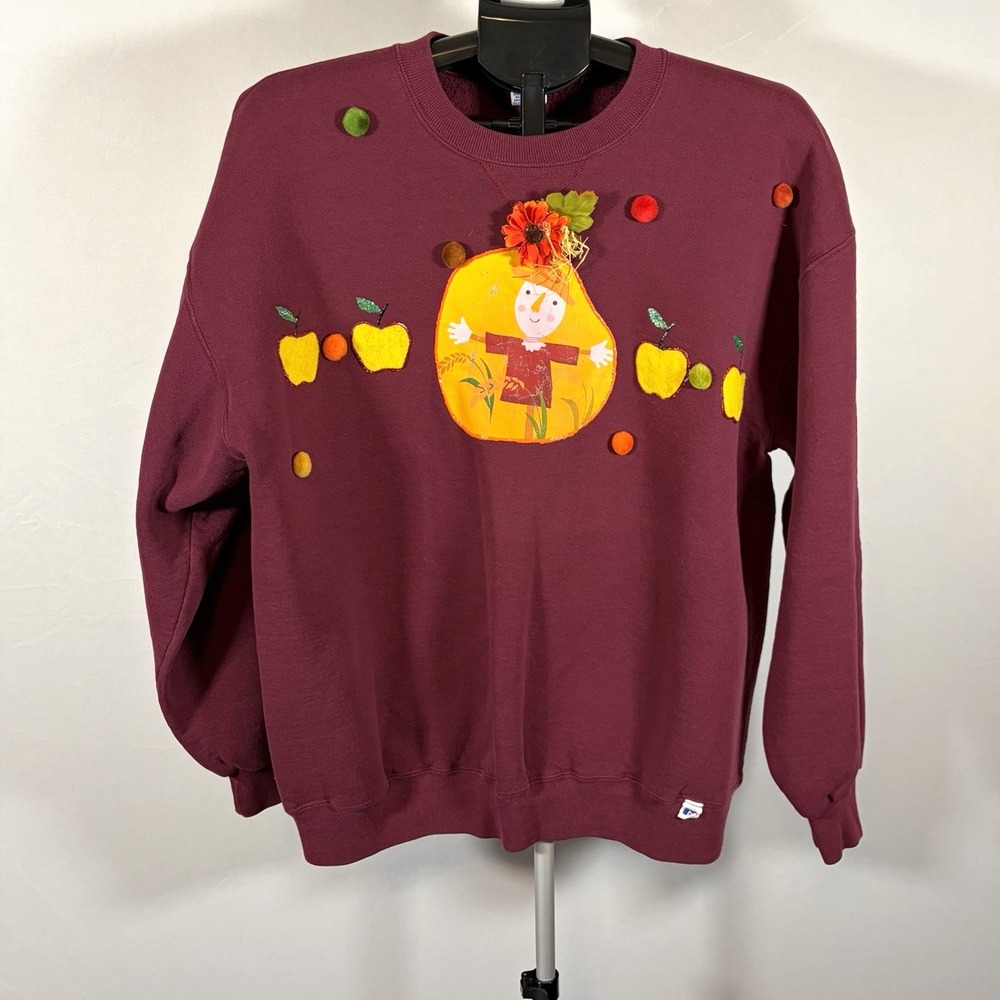 VTG Russell Athletic XL Halloween Autumn Scarecrow Handmade Sweatshirt Cottage